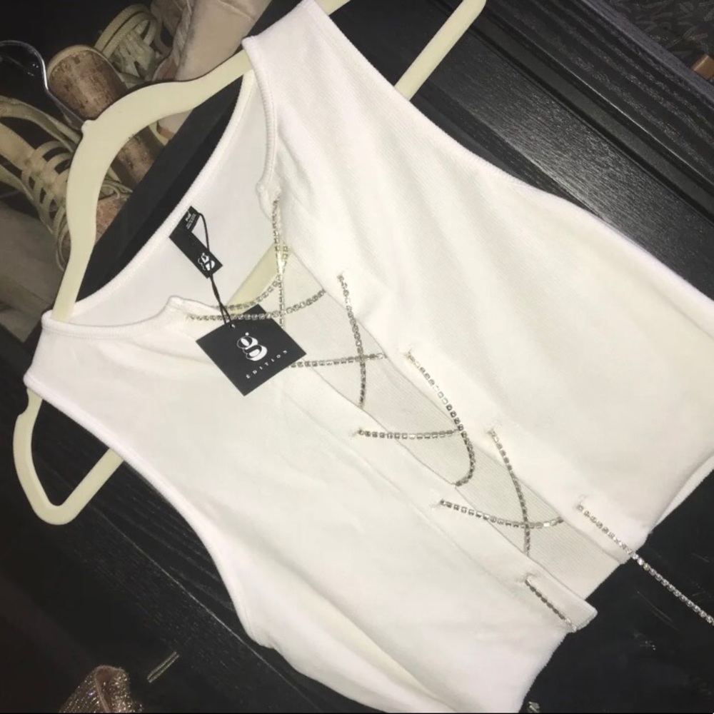 Women’s white crop top with crystal tie detail